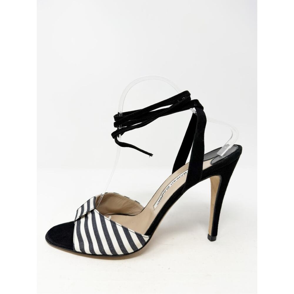 Manolo Blahnik Striped Bow Ankle Wrap Sandal Heels Womens Size EU 41 - Picture 8 of 10